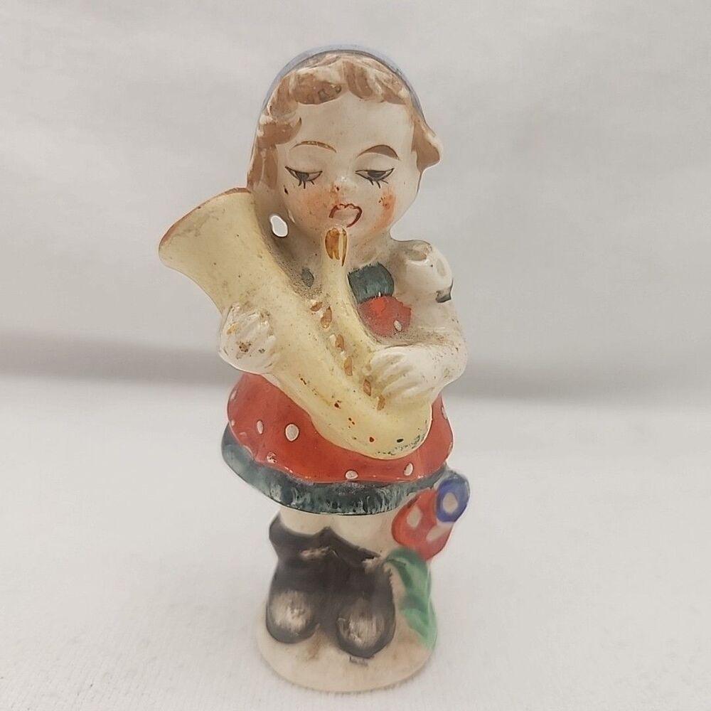 Salt Shaker w/Cork Girl Playing Horn MCM Made in Japan 1950's Porcelain
